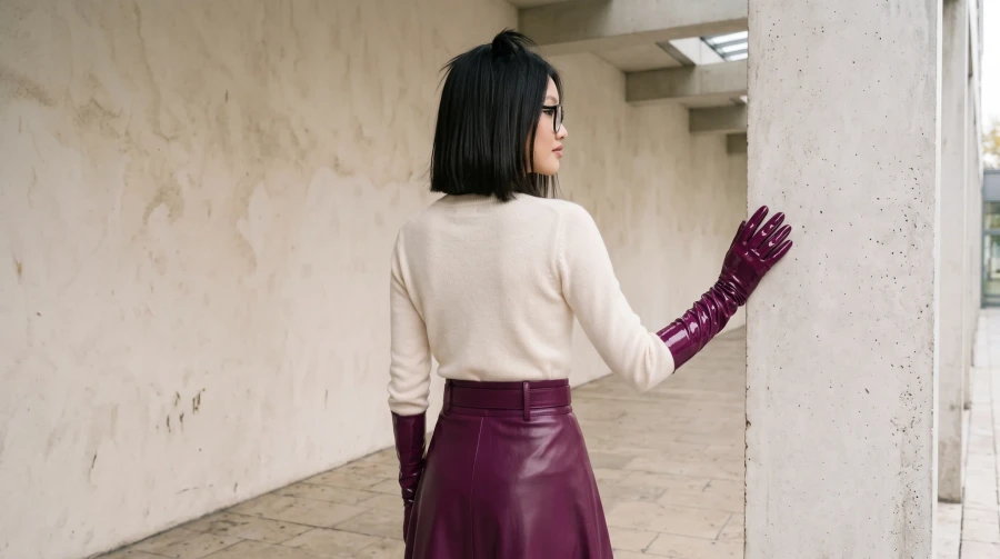 Burgundy Leather Skirt & Glossy Gloves - Image 5