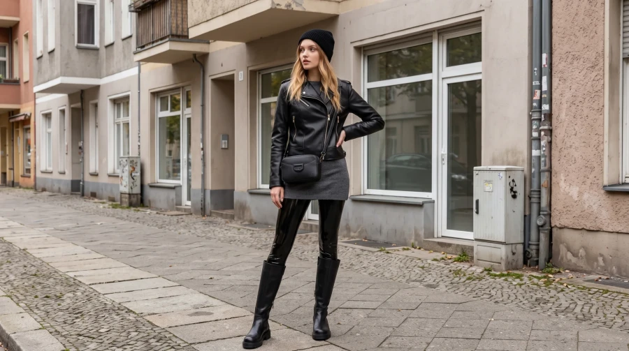 Black Leather, Latex Leggings & Knee-High Boots - Image 5