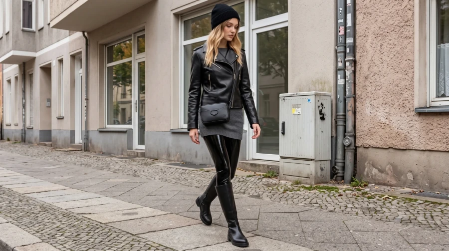 Black Leather, Latex Leggings & Knee-High Boots - Image 4