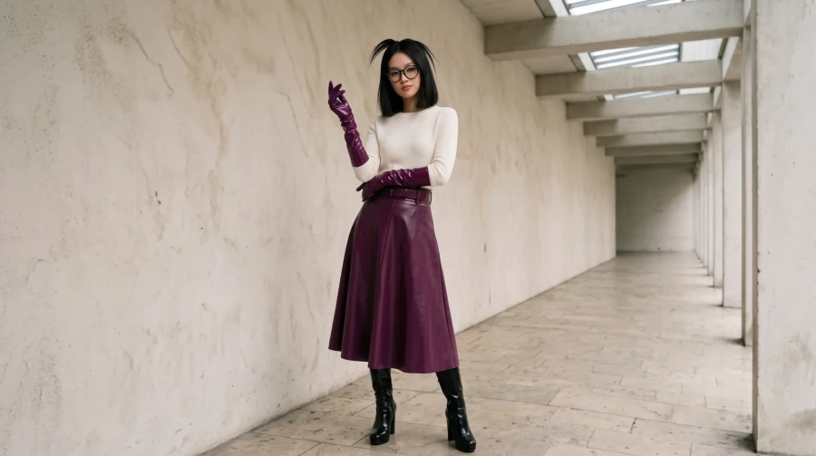 Burgundy Leather Skirt & Glossy Gloves - Image 6