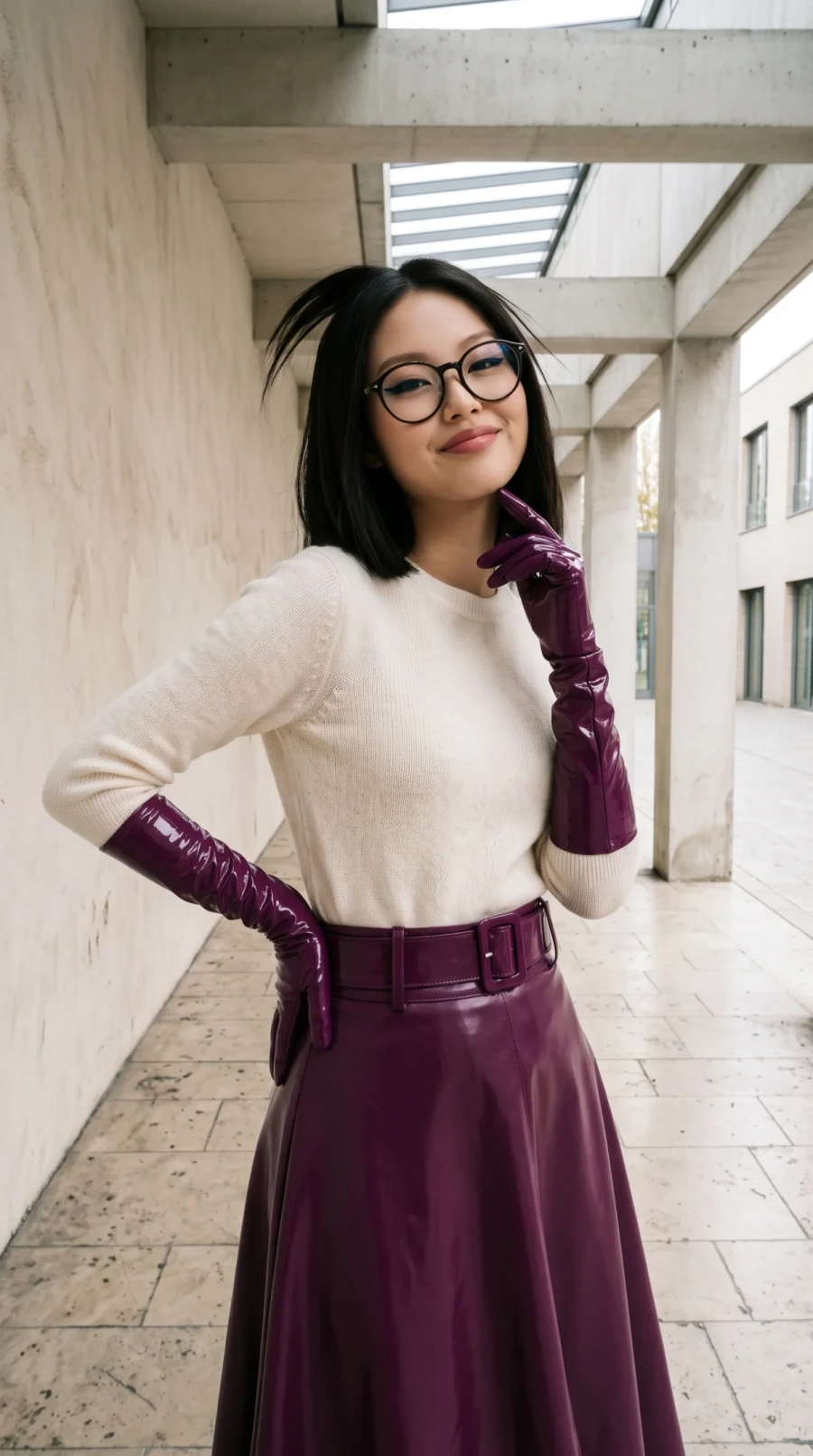 Burgundy Leather Skirt & Glossy Gloves - Image 7