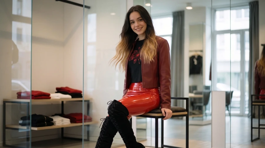 Red Leggings and Black Velvet Boots - Image 8